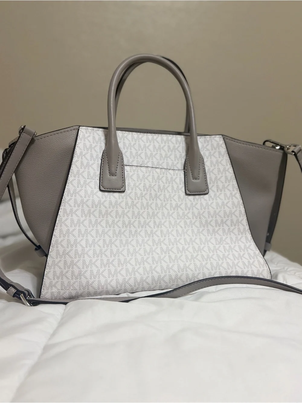 Michael Kors White & Taupe MK Logo Satchel
